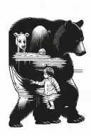 bear with a teddy bear. reflection in water man with a child. woman near the house. cuff of a shirt with buttons tattoo design idea
