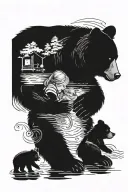 bear with a teddy bear. reflection in water man with a child. woman near the house. cuff of a shirt with buttons tattoo design idea