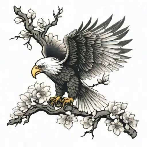 American eagle in Japanese cherry blossom tattoo design idea