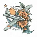 December and August birth flower, airplane, moon tattoo design idea