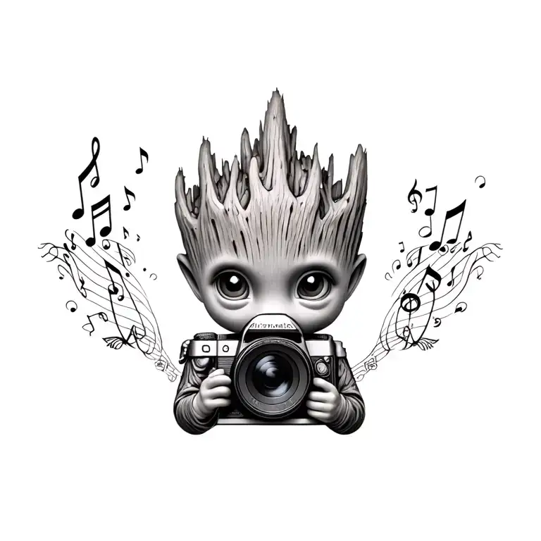 baby groot and camera surrounded my music notes tattoo design idea