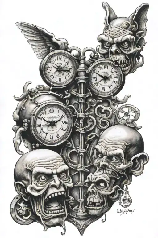 2005 with boston elements inside. heart shaped clocks. hear no evil see no evil speak no evil boondocks characters.  tattoo design idea