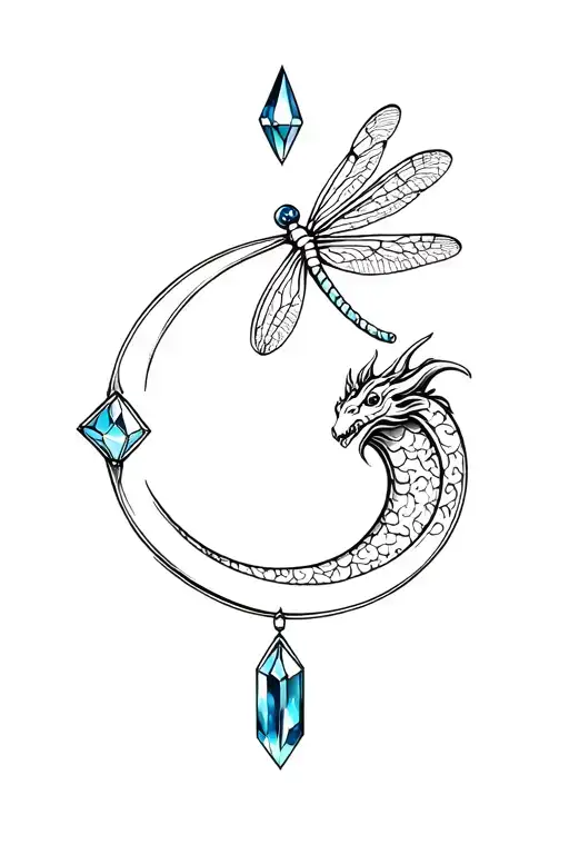 waining crescent moon, crystals and a dragon fly tattoo design idea