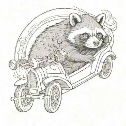 A sketch style tattoo of a Tanuki driving a Car inspired by Japanese folklore tattoo design idea