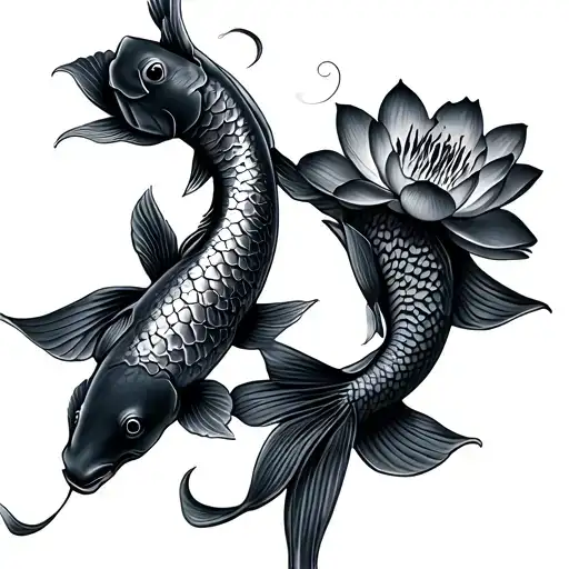 two koi fishes swimming with lotus flowers on the side tattoo design idea