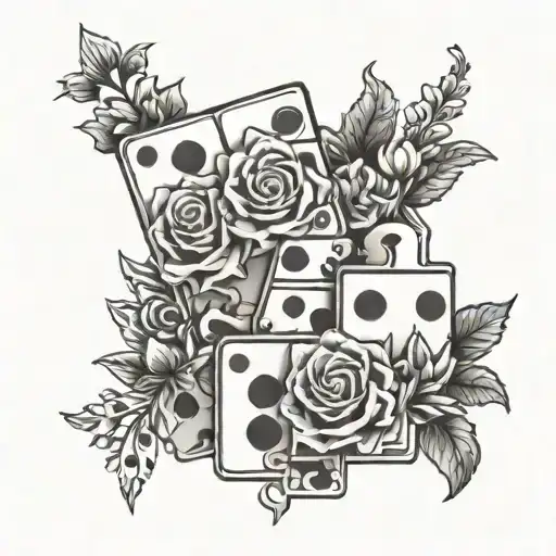 2 dominos, puzzle pieces, and flowers surrounding tattoo design idea