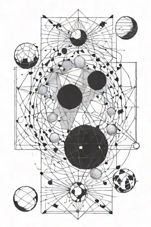 geometry with space, planets, pulsar in thin lines with small details and geometric shapes tattoo design idea