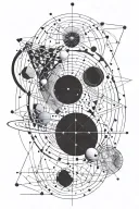 geometry with space, planets, pulsar in thin lines with small details and geometric shapes tattoo design idea