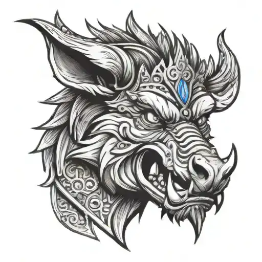 angry boar head on armor wearing a crown with blue eyes mouth open and tusks showing straight on tattoo design idea