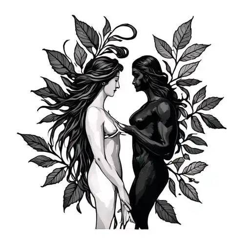 Tarot cards strength and lovers with leaves tattoo design idea