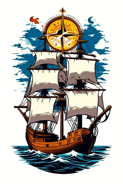 Viking Ship sailing with a nordic compass tattoo design idea