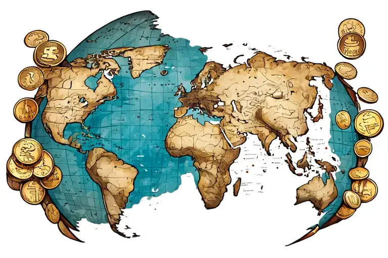 old rigging with a world map and old coins tattoo design idea