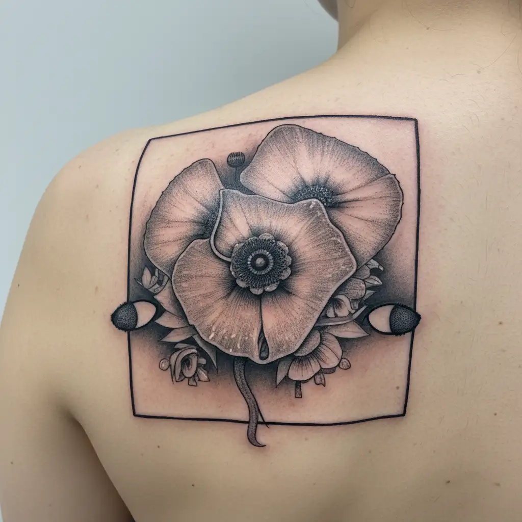 moth with labia shaped body, Ivy leaves and a poppy flower. tattoo design idea