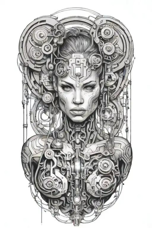 fitness muscled women with technology circuits merging tattoo design idea