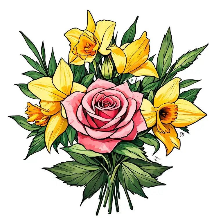 daffodil and rose bouquet tattoo design idea