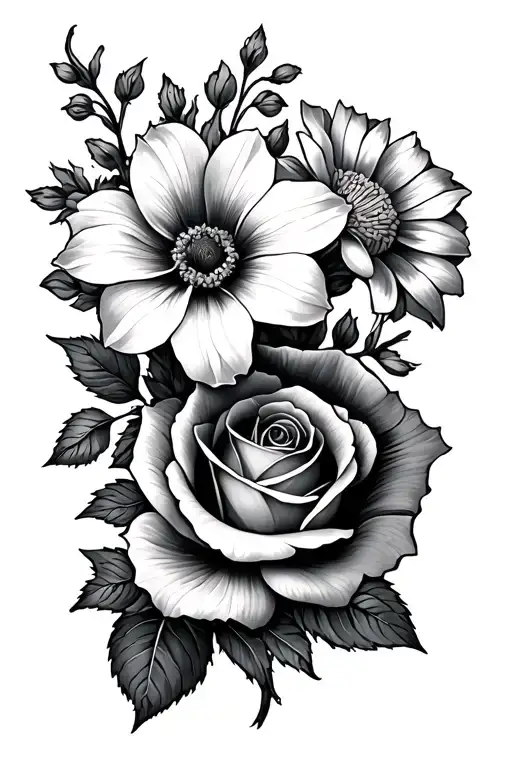 spine tattoo of rose, narcissus, morning glory, and daisy tattoo design idea