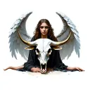 angel with wings and an angry bull skull i want to see balance/angry/shy and 80/82 numbers, ligthning   tattoo design idea