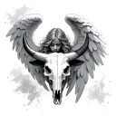 angel with wings and an angry bull skull i want to see balance/angry/shy and 80/82 numbers, ligthning   tattoo design idea