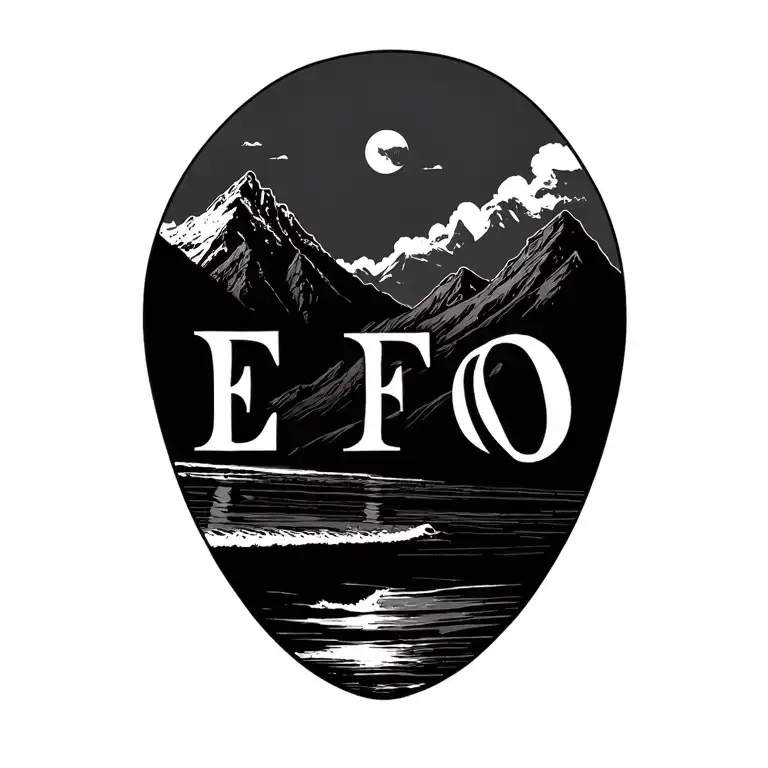 mountain to beach landscape with initials E, F, O hidden inside tattoo design idea