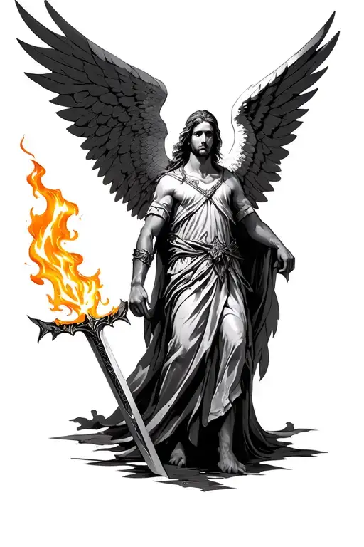 archangel uriel with flaming sword tattoo design idea