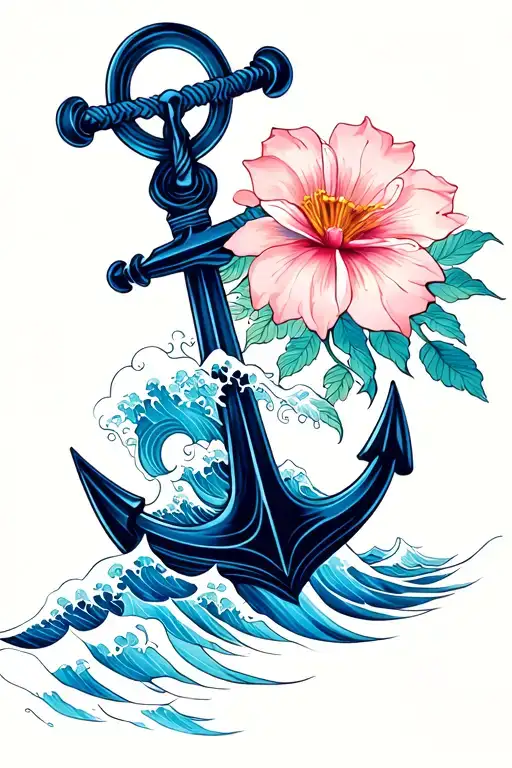 Boat anchor with a blissful flower a blue wave tattoo design idea