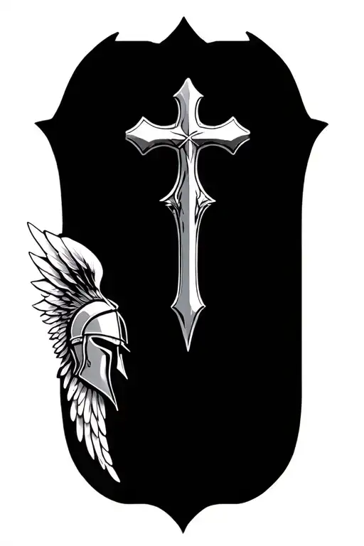 cross with one wing and spartan helmet tattoo design idea