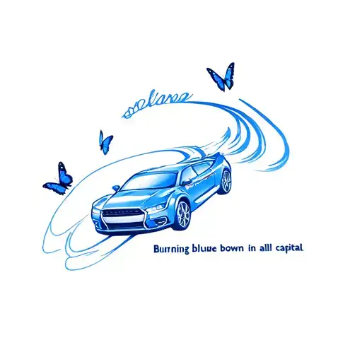 car speeding down the street that's blue and the road says burning blue in all capital letters with butterflies around  tattoo design idea