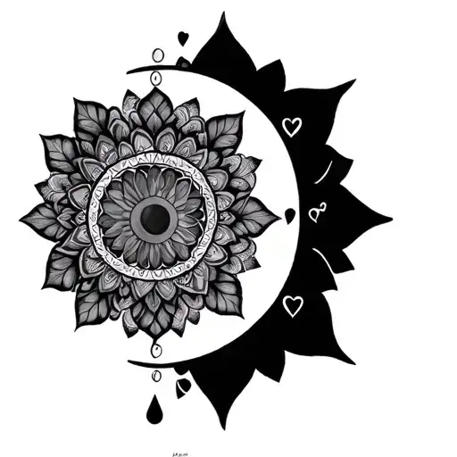 mandala incorporating moons, love hearts, tear drops tattoo design idea