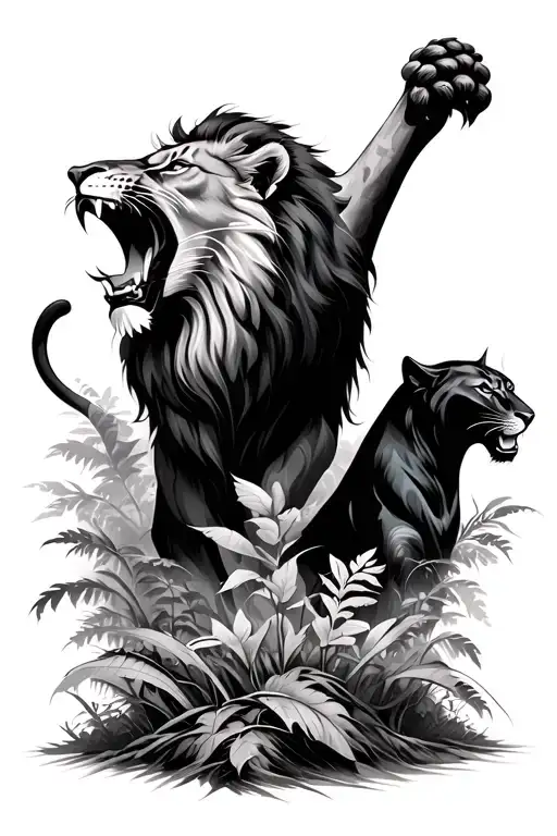 lion roaring with a black panther with nature in the background tattoo design idea