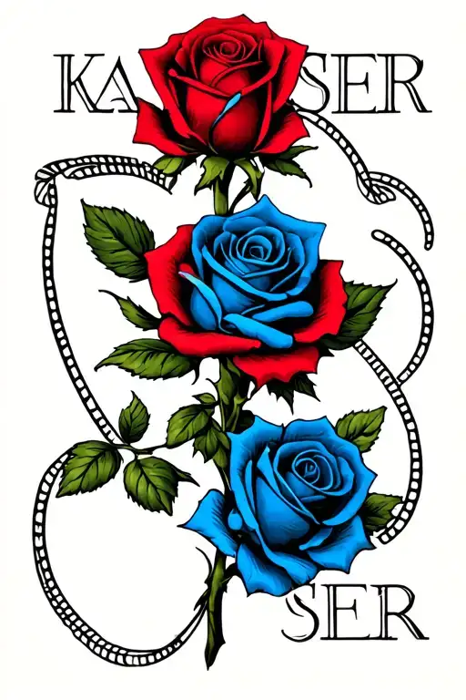 "KAISER ('KAI'-red) ('SER'-blue" Red and Blue Roses tanged together and around the 'text: Kaiser'. Red rose-'kai' & blue rose-'ser'. tattoo design idea