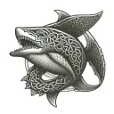 A tattoo of a Celtic knot design with a shark and a snake intertwined to represent Ireland and the client's favorite animals tattoo design idea