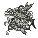 A tattoo of a Celtic knot design with a shark and a snake intertwined to represent Ireland and the client's favorite animals tattoo design idea