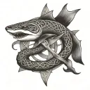 A tattoo of a Celtic knot design with a shark and a snake intertwined to represent Ireland and the client's favorite animals tattoo design idea