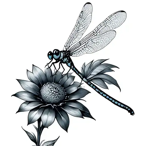 dragonfly perched on a flower with feather tattoo design idea