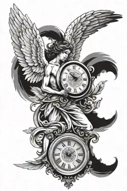 angel with large wings surrounding 2 clocks side by side tattoo design idea