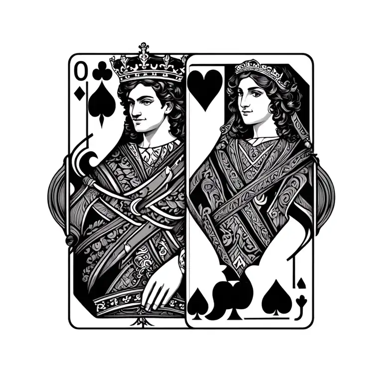 Can you design a couples tattoo where the male tattoo is a King card and the female tattoo is the queen card. Ideally fo tattoo design idea