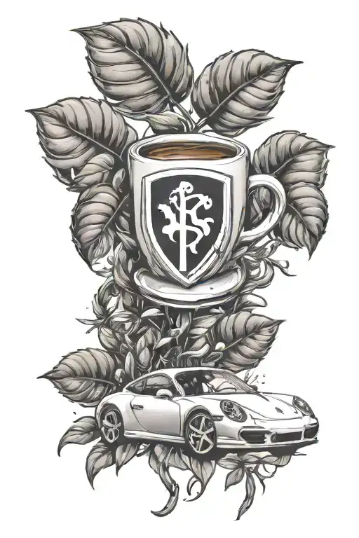 A coffee plant intertwined with a Porsche logo, symbolizing the client's passion for both coffee and luxury cars tattoo design idea