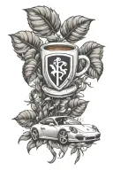 A coffee plant intertwined with a Porsche logo, symbolizing the client's passion for both coffee and luxury cars tattoo design idea