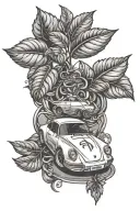 A coffee plant intertwined with a Porsche logo, symbolizing the client's passion for both coffee and luxury cars tattoo design idea