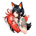 anime woman with black hair, tattoos and fox ears stitching together a broken heart wrapped with fox tails tattoo design idea