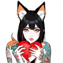 anime woman with black hair, tattoos and fox ears stitching together a broken heart wrapped with fox tails tattoo design idea