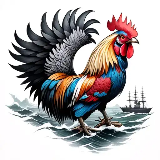 rooster and battleship ying yang tattoo design idea