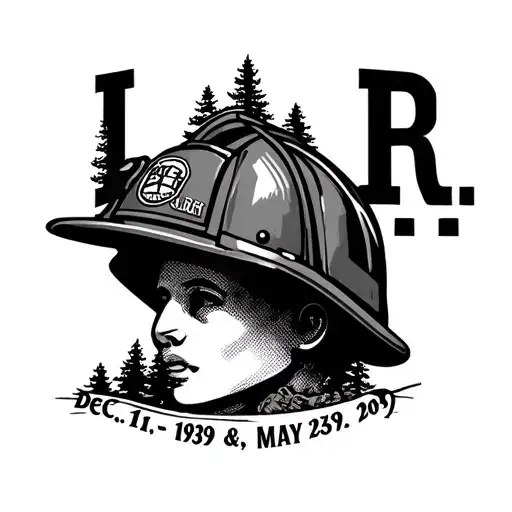 Tattoo of a firefighter's helmet with trees growing on it along with initials L.R and the dates Dec 1, 1939 – May 25, 20 tattoo design idea