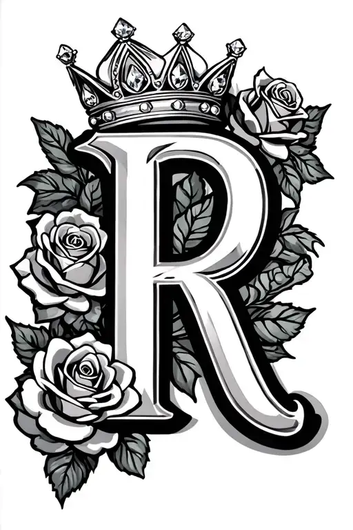 old style R with roses and diamonds on left side and a crown on top slightly askew tattoo design idea