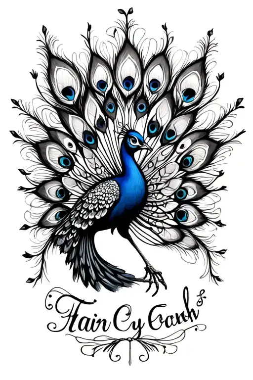 fairy peacock with name written tattoo design idea