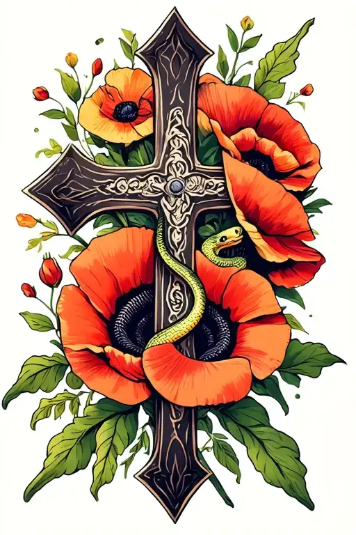 Vintage cross with snake and poppy flowers tattoo design idea