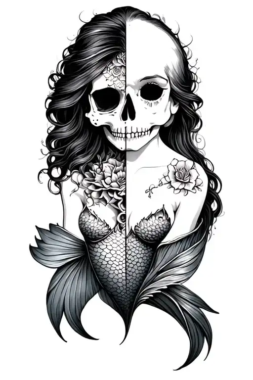 mermaid with half face half skull tattoo design idea