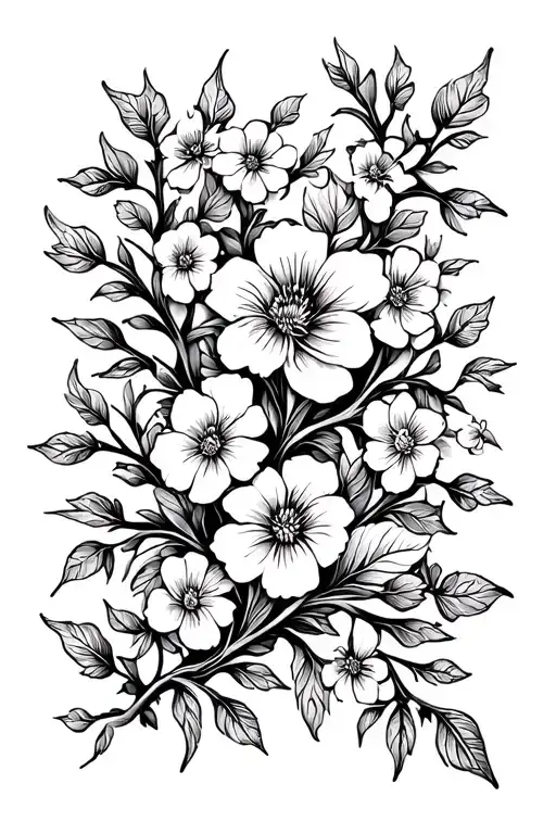 VINE LEAVES AND MANY SMALL BLOSSOMING FLOWERS EQUALLY DISTRIBUTED LIKE IN A WALLPAPER.  RECTANGULAR SHAPE tattoo design idea