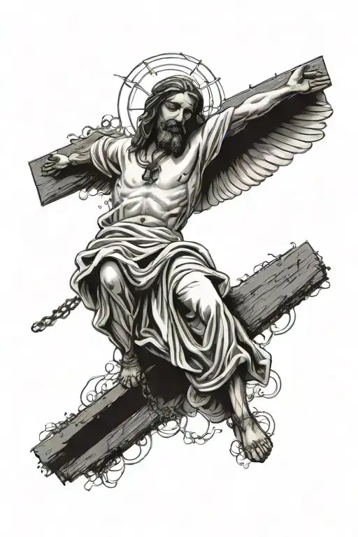 Jesus on a chain link  cross faded behind with an angel tattoo design idea