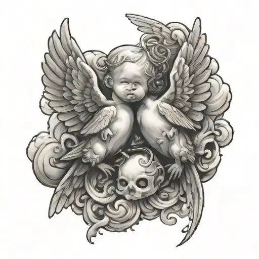 doves clouds baby angels vs demons tattoo design idea
